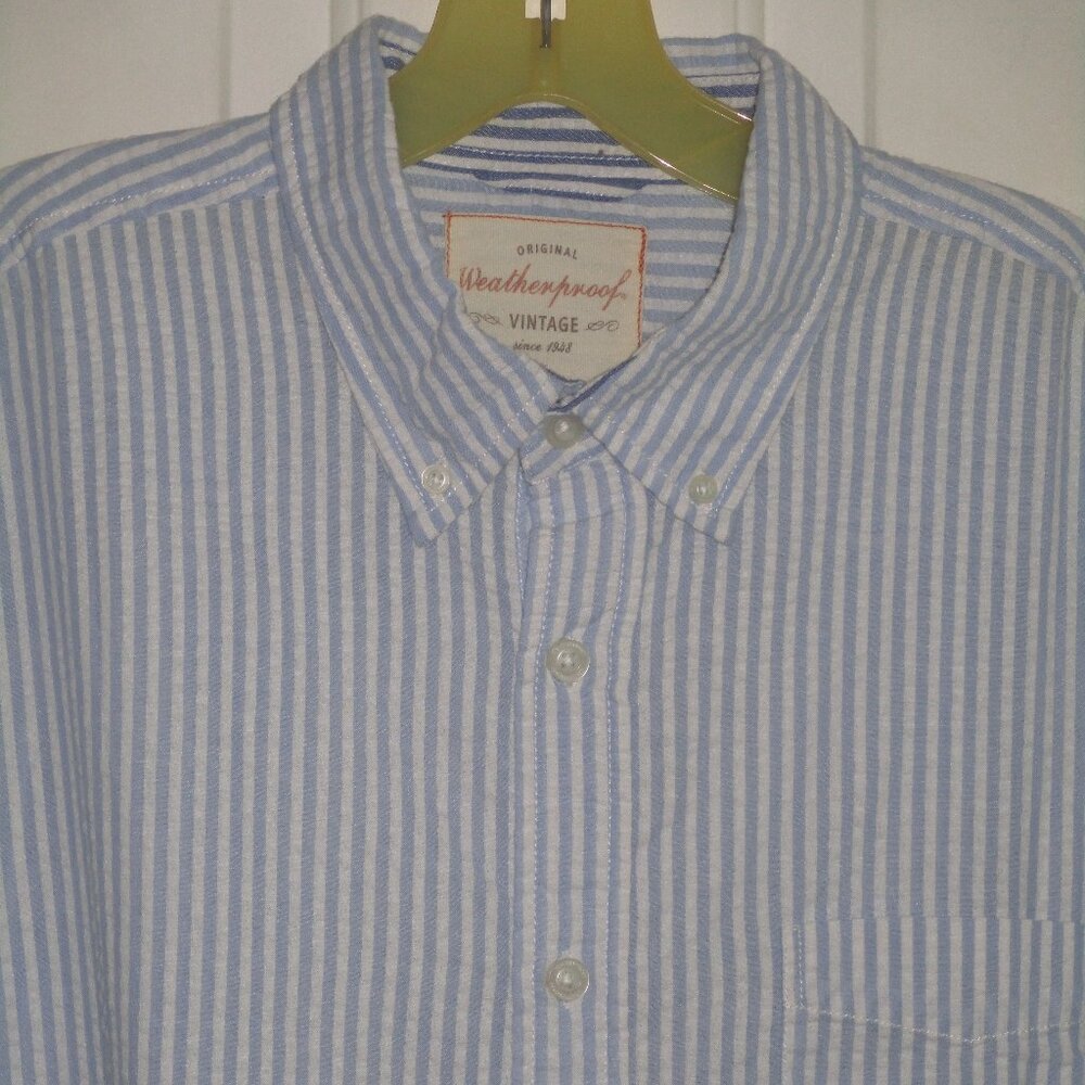 Weatherproof Mens S/S Powder Blue Cotton Seersucker Button-down Casual Shirt - L